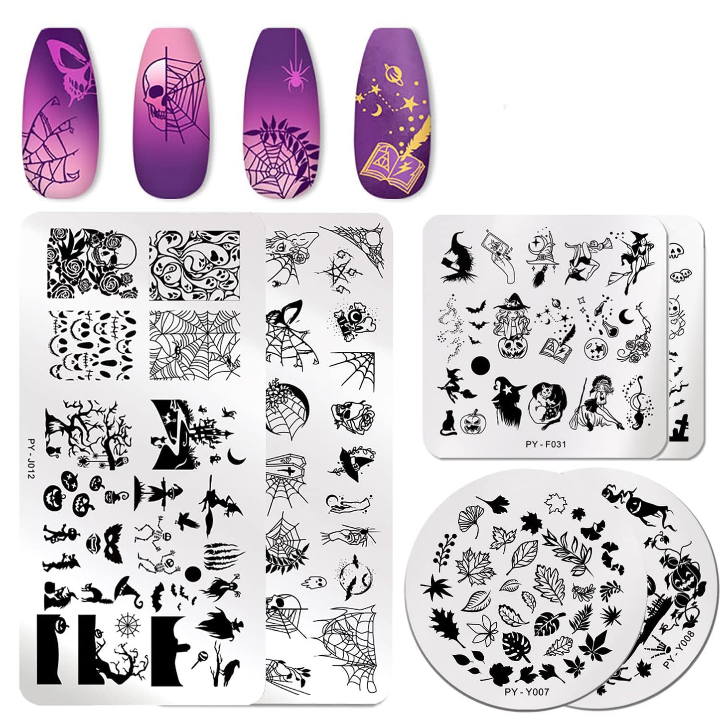 6Pcs Halloween Nail Stamping Plates Fall Maple Leaf Nail Stamper Template Kit Ghost Bat Skull Spider Web Design Nail Decorations Supplies-Velvo Beauty