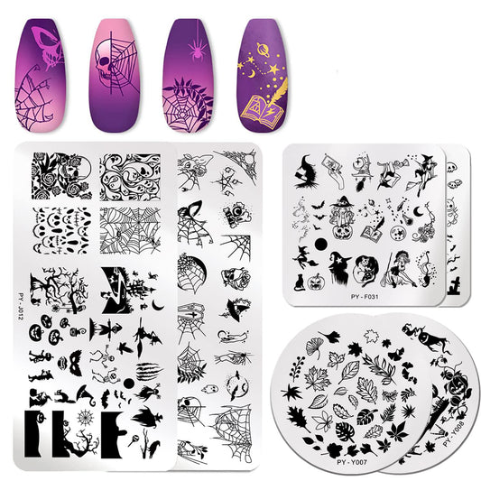6Pcs Halloween Nail Stamping Plates Fall Maple Leaf Nail Stamper Template Kit Ghost Bat Skull Spider Web Design Nail Decorations Supplies-Velvo Beauty