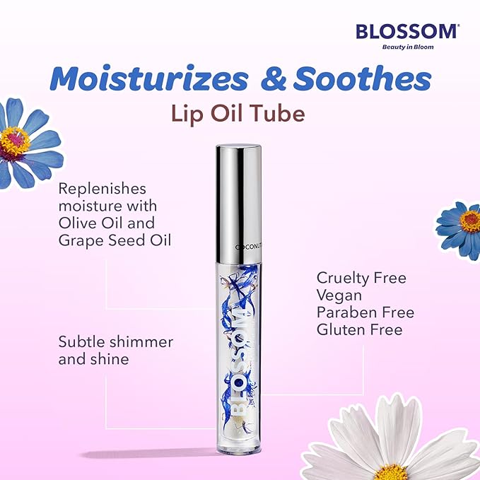 Blossom Moisturizing and Hydrating Shimmer Sparkle Lip Oil with Olive Oil + Grape Seed Oil, Infused with Real Flowers, 3g, Coconut-Velvo Beauty