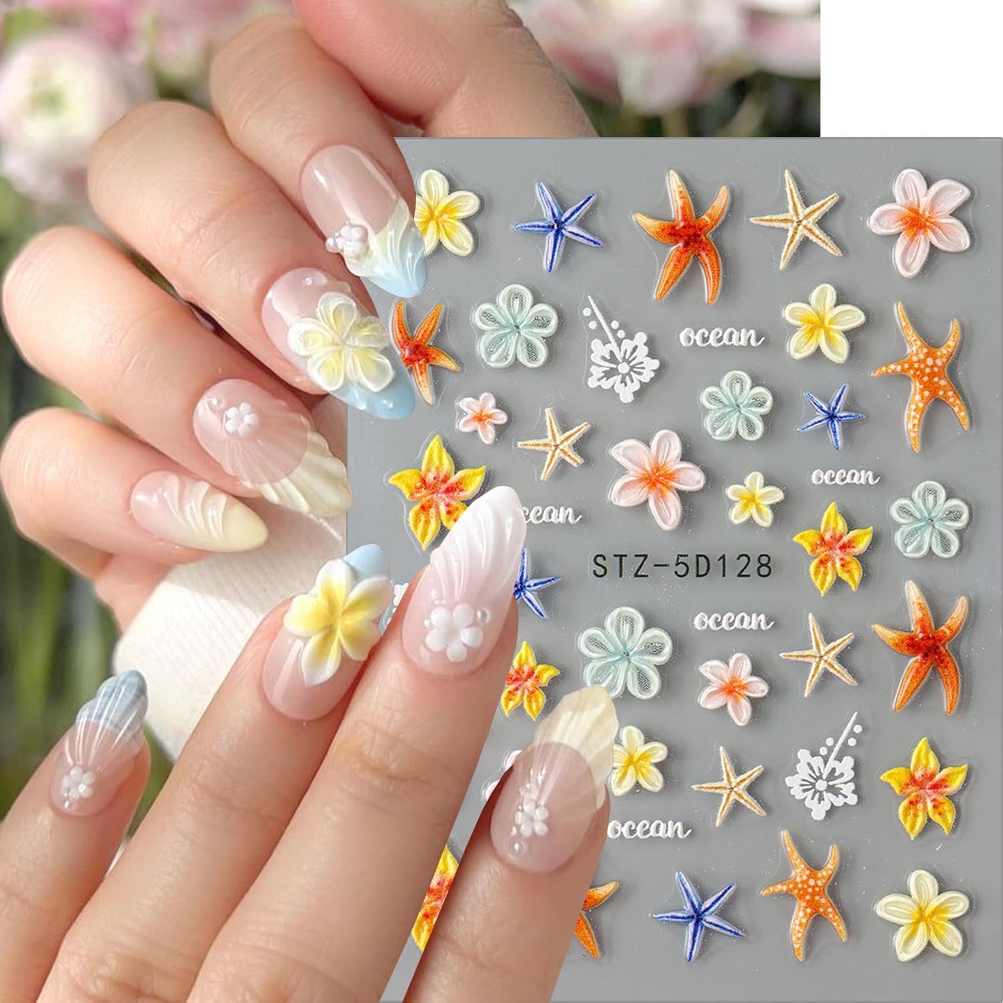 Cute Flowers Nail Art Stickers 5D Embossed Flower Nail Decals with Rhinestones Design Nail Stickers Self-Adhesive Colorful Floral Starfish Nail Decal French Sticker for Women Summer Hawaii Nails Decor-Velvo Beauty