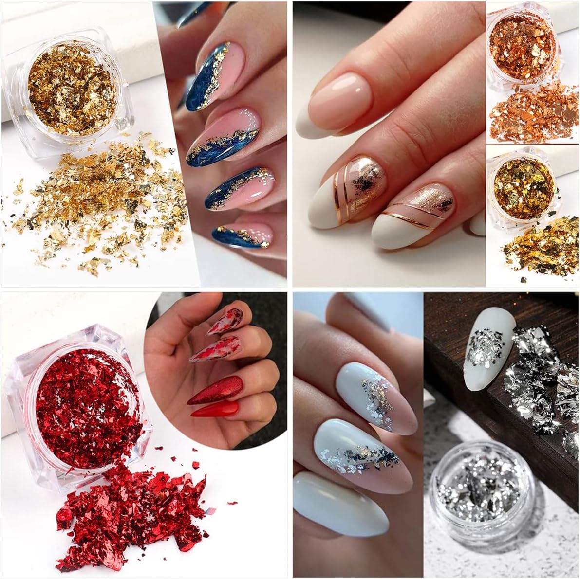 Holographic Glitter Nail Foil Flakes 3D Sparkly Aluminum Foil Sequins Nail Art Supplies Rose Gold Red Silver Glitter Foils Flake Mirror Powder Nail Designs for Acrylic Nail Art Decoration (4Boxes)-Velvo Beauty