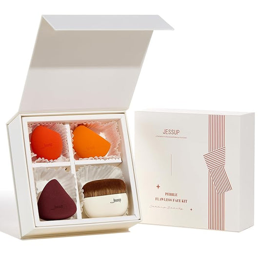 Jessup Foundation Brush with Makeup Sponge Set, 1pc Flat Top Kabuki Brush and 3pcs Make up Sponges for Concealer Blending Blush Powder Buffing Stippling with Gift Box, T505-Velvo Beauty