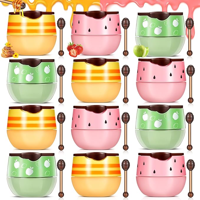 12 Pcs Bee Lip Balm Honey Pot with Brush Propolis Lip Mask Overnight, Moisturizing Hydrating Lip Sleeping Mask Prevention Dry and Cracked(Honey+Strawberry+Apple Lime)-Velvo Beauty