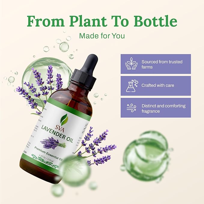 SVA Lavender Essential Oil – 4 Fl Oz – 100% Natural Lavender Oil - for Diffuser, Hair Care, Face, Skin Care, Aromatherapy, Scalp and Body Massage, Soap and Candle Making – with Dropper-Velvo Beauty