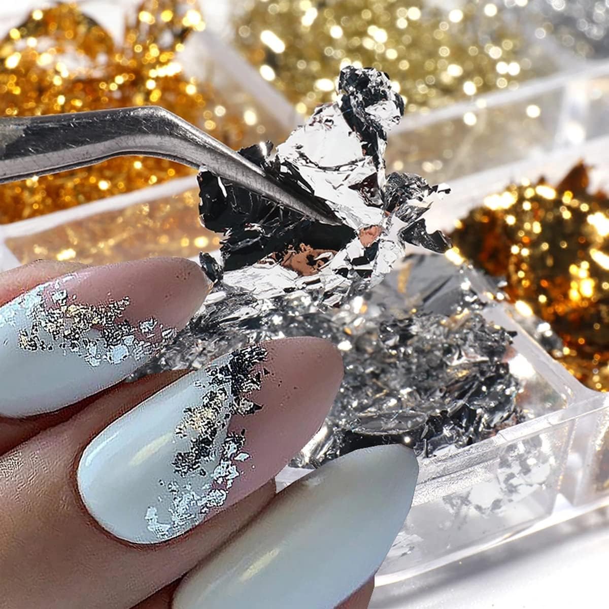 Holographic Nail Foil Flakes 3D Sparkly Aluminum Foil Glitter Sequins Nail Art Supplies Gold Silver Nail Art Foil Glitter Paillettes Line Strip Nail Glitter Flakes for Acrylic Nails Design (6 Grids)-Velvo Beauty