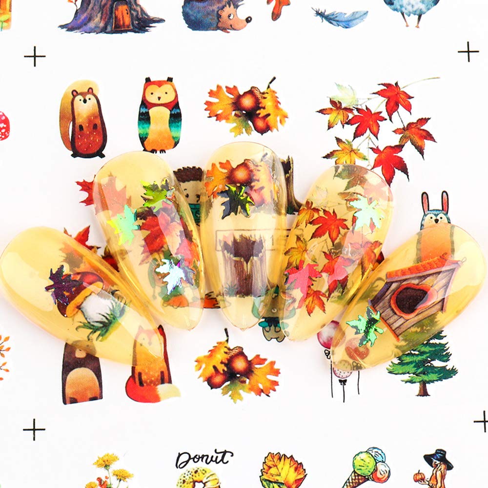Fall Nail Stickers Autumn Maple Leaf Nail Art Decals Thanksgiving Day Water Decal Transfer Slider Set Turkey Pumpkin Nail Art Foil Stickers Nail Supplies Accessories Decoration Manicure Tips 12 Design-Velvo Beauty
