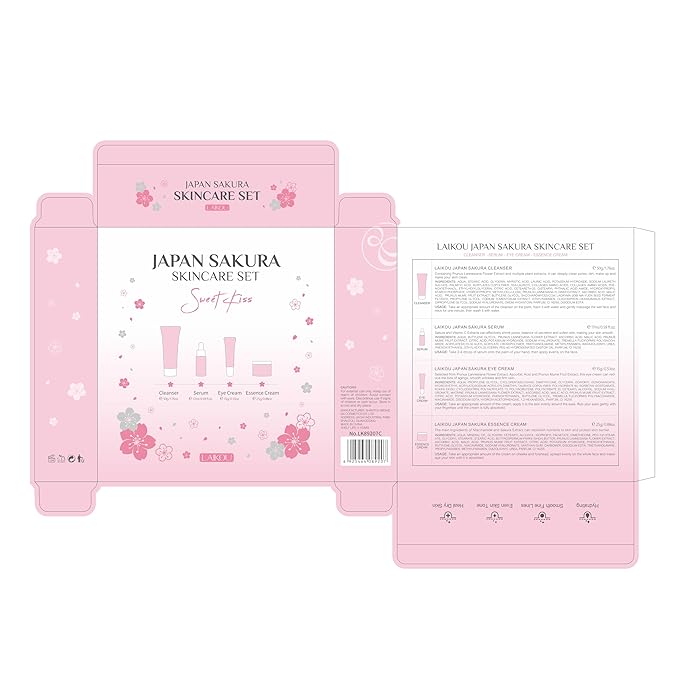 Skin Care Set JAPAN SAKURA Beauty Gift Sets Skin Care Kit with Cleanser, Serum, Eye Cream, Face Cream Travel Kit for Women Mom Wife Teen Girls Gentle Skin Cleaning TSA-friendly Sizes 4pcs-Velvo Beauty