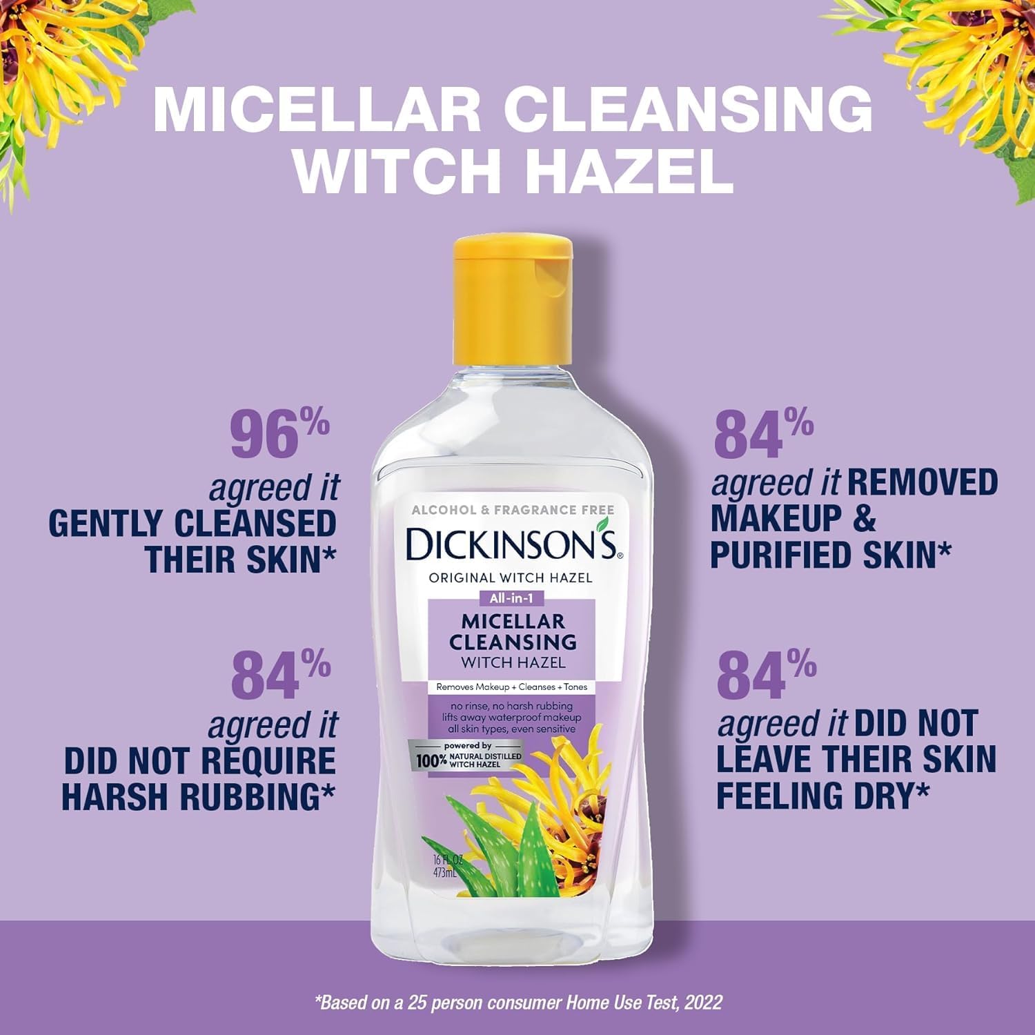 Dickinson's Micellar Cleansing Witch Hazel, An All-in-1 Makeup Remover, Pore Refiner, Skin Cleanser and Toner; Alcohol Free with Aloe, for Sensitive Skin, 16oz-Velvo Beauty