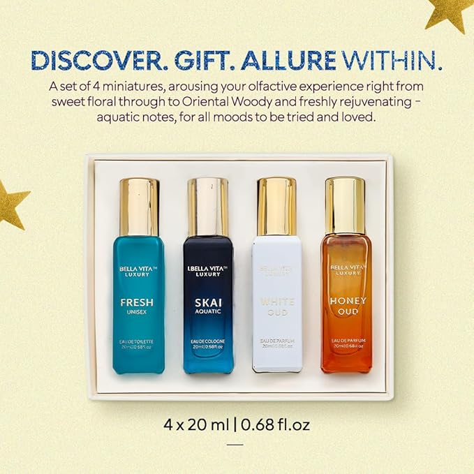 BellaVita Luxury Unisex Cologne Gift Set (4x20ml) | Fragrances Includes Honey OUD, SKAI, FRESH & White OUD | Travel Size Mini Perfumes & Spicy Vanilla Perfume Oil | Unisex Perfume for Women & Men-Velvo Beauty