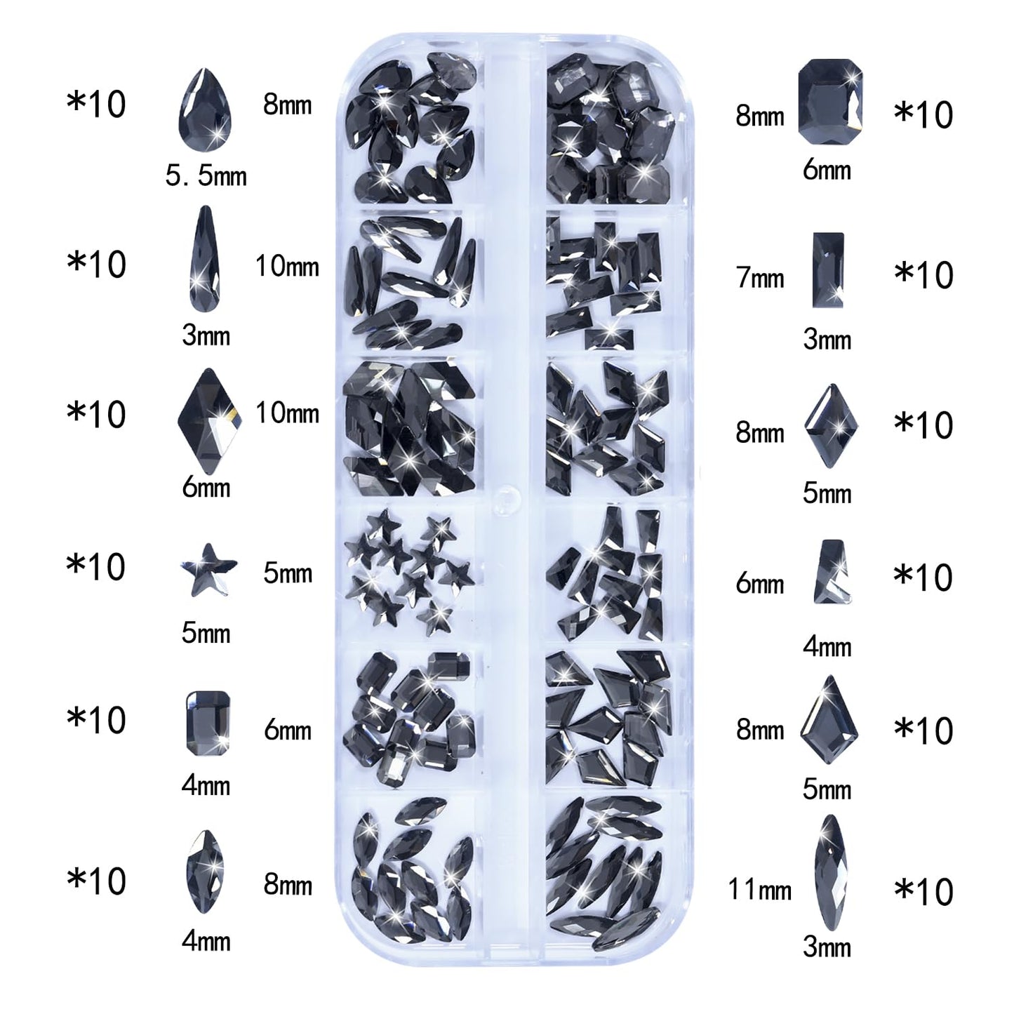 HNUIX Nail Rhinestones - 3D Multi Shape Size Crystal, Transparent Gray Nail Gems, Flat Back, with Kit, for Nail Art, DIY Decorations-Velvo Beauty