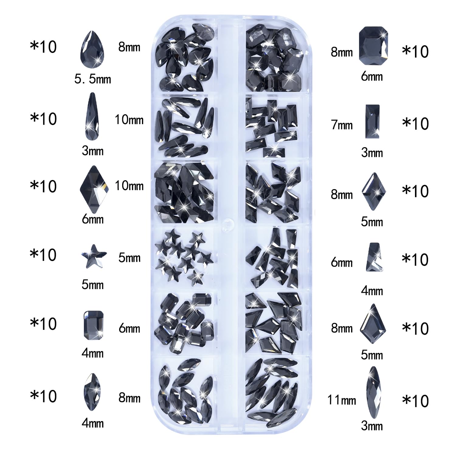 HNUIX Nail Rhinestones - 3D Multi Shape Size Crystal, Transparent Gray Nail Gems, Flat Back, with Kit, for Nail Art, DIY Decorations-Velvo Beauty