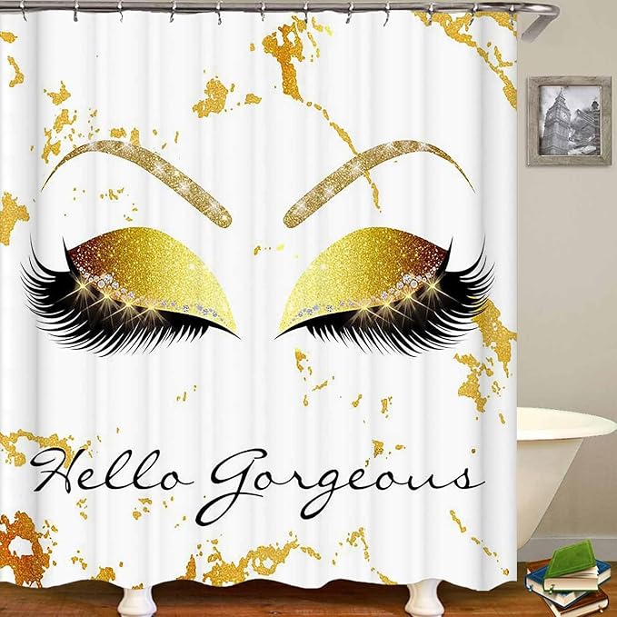 4PCS Hello Gorgeous Unicorn Eyelash Shower Curtain Set with Rugs, Luxury Diamond Gold Glitter Eyebrow Eyeshadow Makeup White Marble Glam Modern Fashion Women Bathroom Decor, Hello Gorgeous-Velvo Beauty