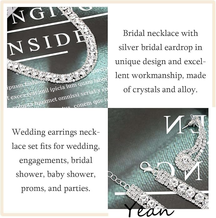 Yean Bride Silver Necklace Earrings Set Rhinestone Bridal Wedding Jewelry Sets Crystal Choker Necklace for Women (Set 3)-Velvo Beauty