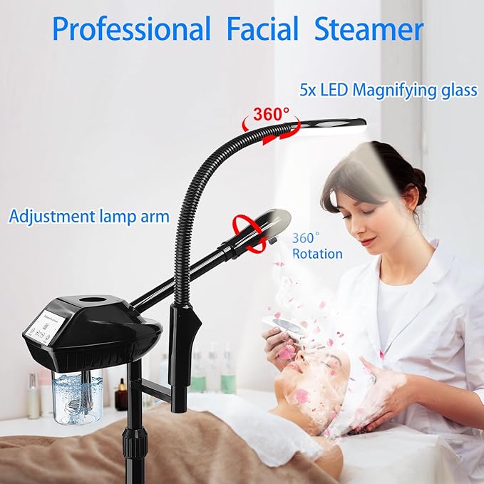 Professional Facial Steamer on Wheels, 2-in-1 Facial Steamers with 5X Magnifying Lamp, Facial Steamer for Facial Deep Cleaning, Facial Humidifier for Spa, Salon and at Home Use-Velvo Beauty