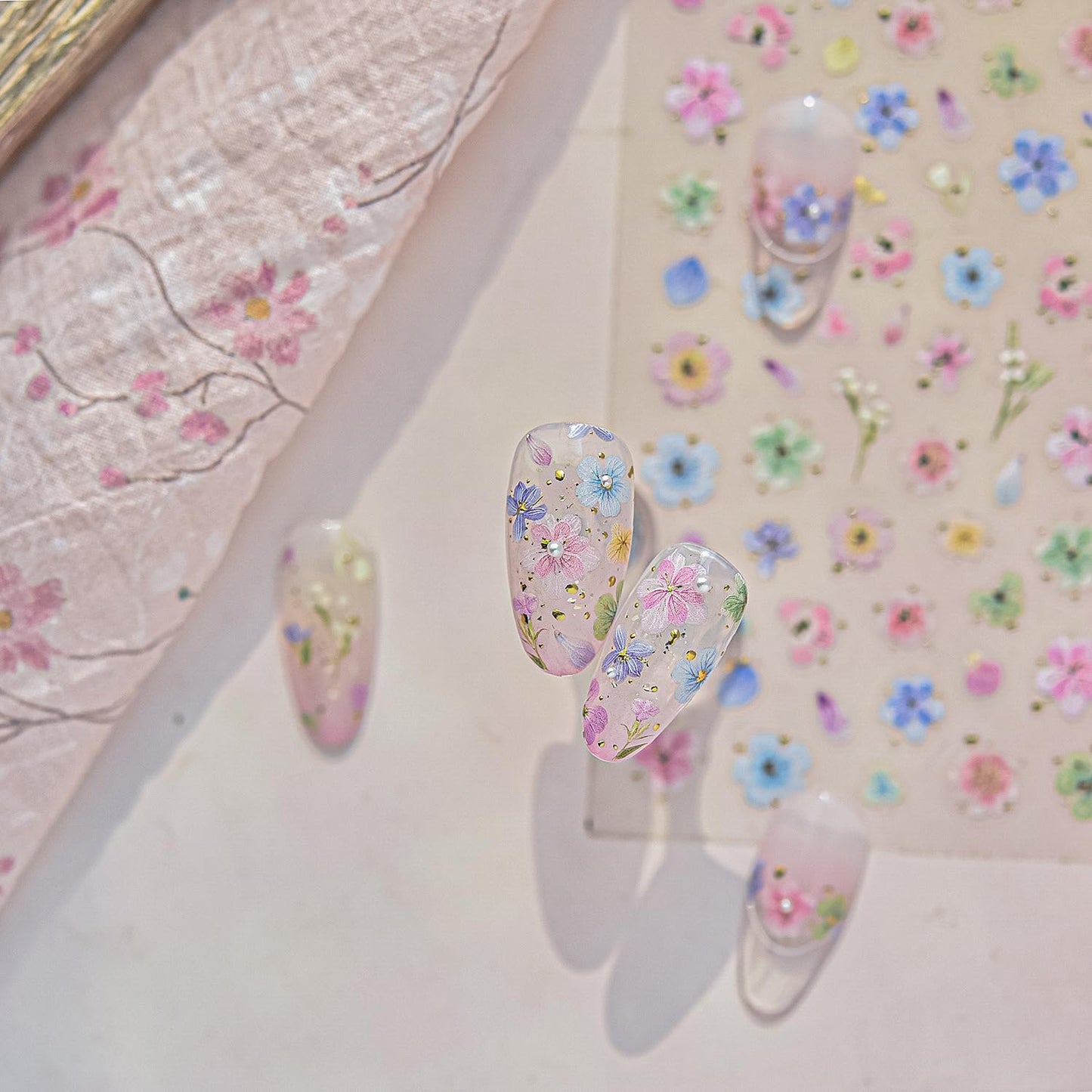 Dried Flower Nail Art Stickers Colorful Flowers Nail Decals for Acrylic Nails 3D Self Adhesive Glitter Designs Nail Sticker Cute Floral Nail Decal Spring Summer Manicure Supplies for Women DIY Decor-Velvo Beauty