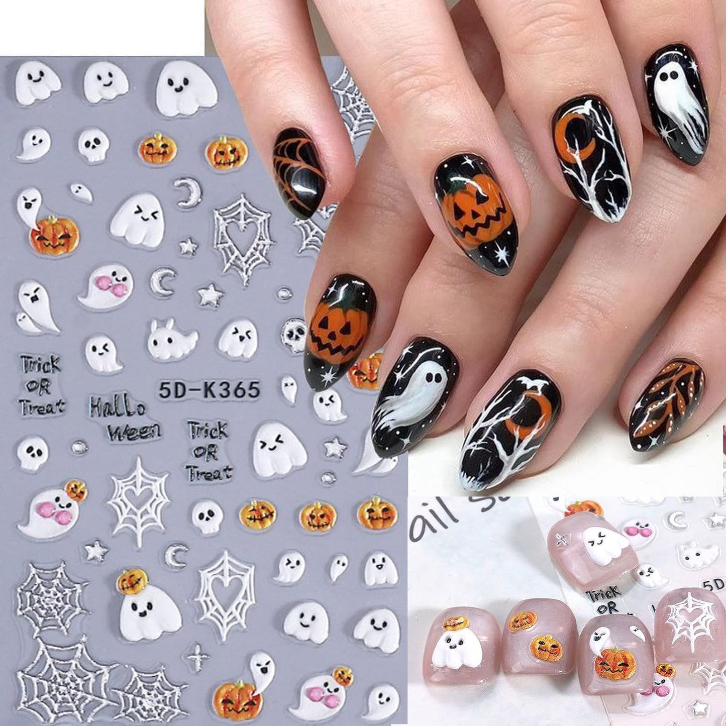 2Sheet Halloween Nail Art Stickers 5D Relief Cartoon Ghost Cat Dark Self-Adhesive Sticker Nail Decals Cute Ghost Pumpkin Pattern Nail Art Slider DIY for Women Girl Cute Halloween Nail Decoration-Velvo Beauty