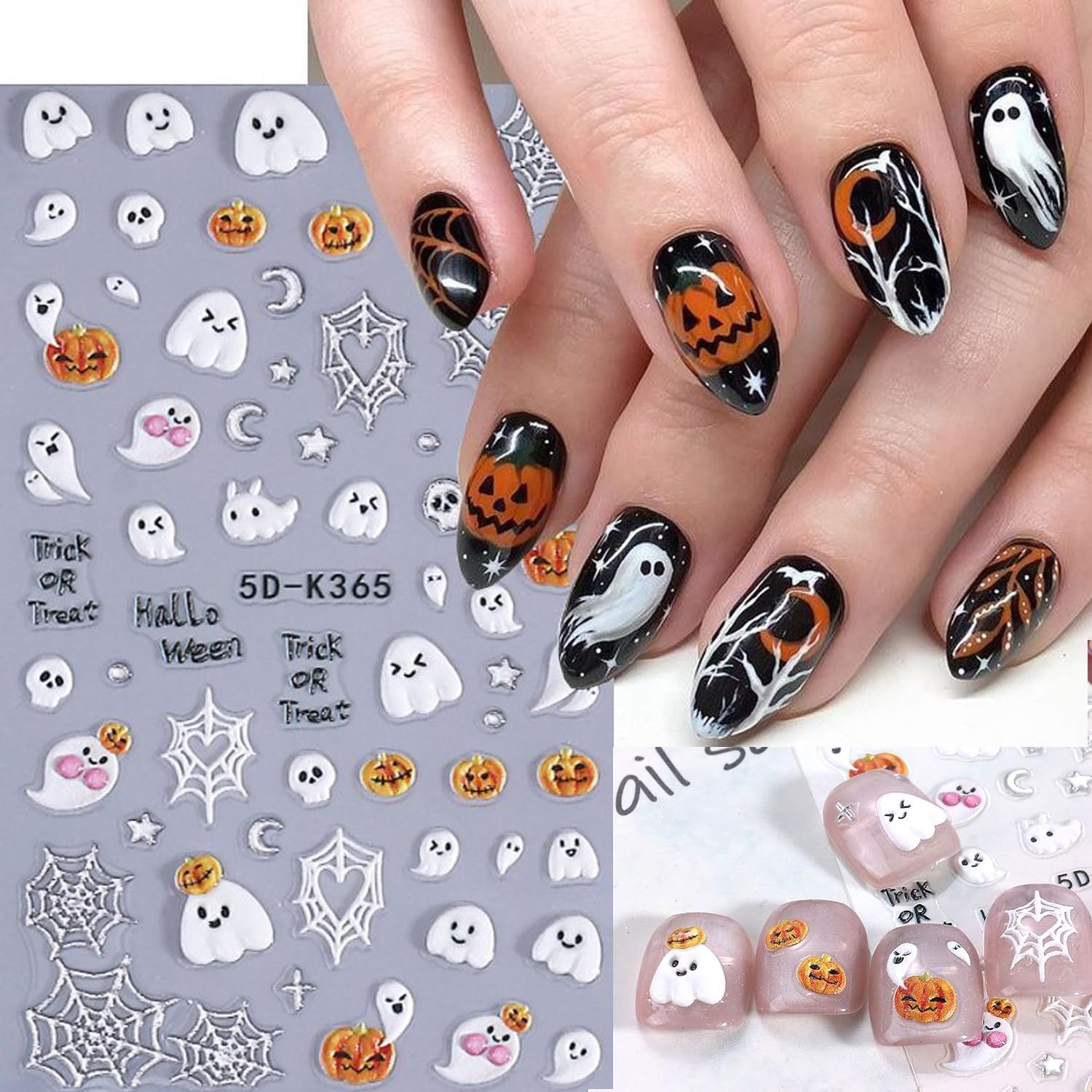 2Sheet Halloween Nail Art Stickers 5D Relief Cartoon Ghost Cat Dark Self-Adhesive Sticker Nail Decals Cute Ghost Pumpkin Pattern Nail Art Slider DIY for Women Girl Cute Halloween Nail Decoration-Velvo Beauty