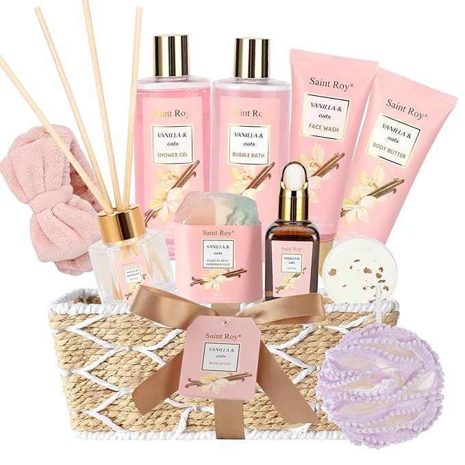 Bath and Body Gift Baskets for Women, 12 Pcs Vanilla Oat Spa Gifts for Women. Bath Gift Set Enriched Shea Butter. Home Spa with Shower Gel, Body Oil, Saint Roy Gifts for Mom-Velvo Beauty