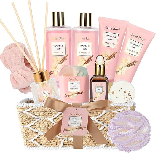 Bath and Body Gift Baskets for Women, 12 Pcs Vanilla Oat Spa Gifts for Women. Bath Gift Set Enriched Shea Butter. Home Spa with Shower Gel, Body Oil, Saint Roy Gifts for Mom-Velvo Beauty