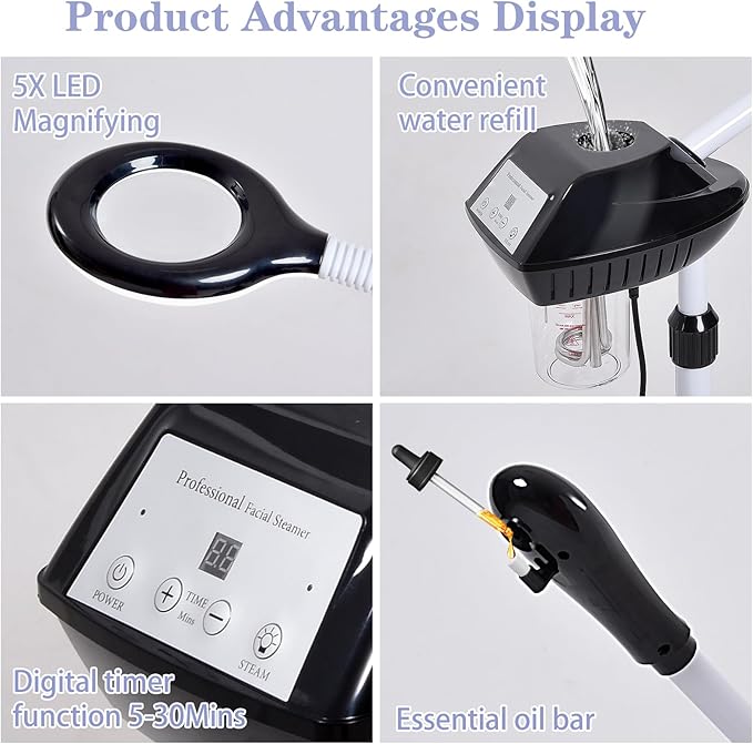 Professional Facial Steamer, 2 in 1 Face Steamer on Wheels, with 5X Magnifying Lamp, Facial Steamer with Time Setting, Stand Face Steamer Adjustable Height for Spa, Salon and at Home use-Velvo Beauty