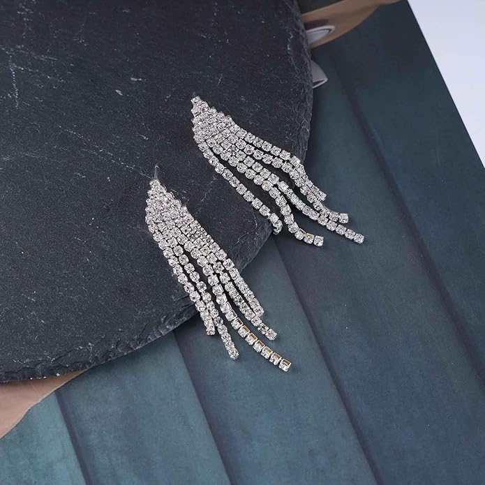 Vintage Rhinestone Chandelier Tassel Earrings Crystal Chain Drop Earrings Gold Long Tennis Chain Earrings Shine Chandelier Bridal Earrings Jewelry for Women-Velvo Beauty