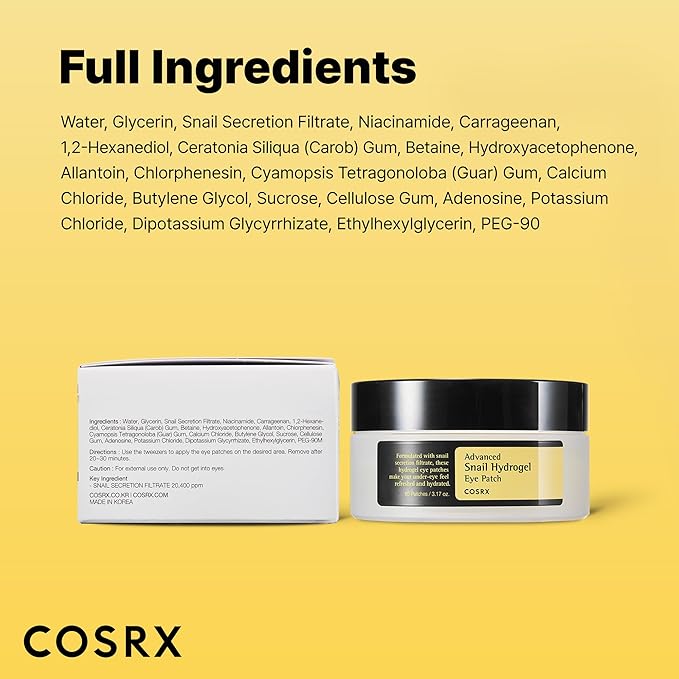 COSRX Advanced Snail Hydrogel Eye Patch (60pc), Gel Serum Mask, Puffy Undereye Treament, Fine Lines, Refresh, Hydrate| Paraben free, Korean Skin Care-Velvo Beauty