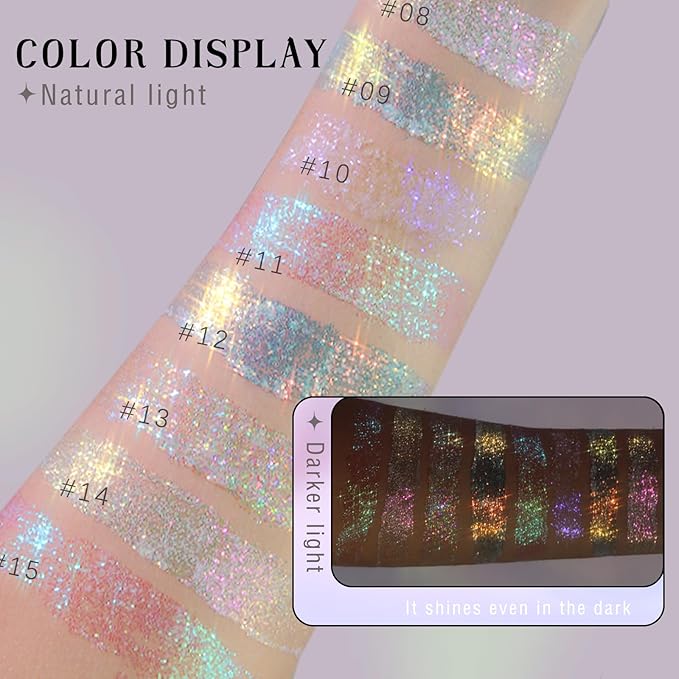 2 Colors Roll-on Body Glitter Gel, Holographic Glitter Gel Under Light for Face Hair, Body Shimmer for Rave Accessories Christmas New Year Halloween Makeup (8+11)-Velvo Beauty