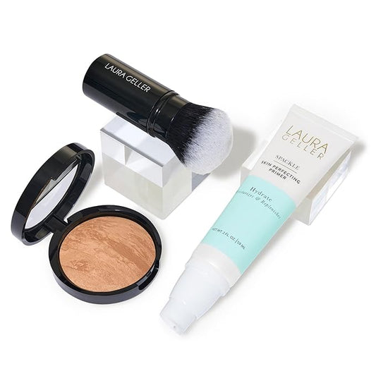 LAURA GELLER NEW YORK Laura's Must-Haves Kit 3pc: Baked Balance-n-Brighten Powder Foundation, Golden Medium + Spackle Skin Perfecting Makeup Primer, Hydrate + Airbrush Round Kabuki Brush-Velvo Beauty