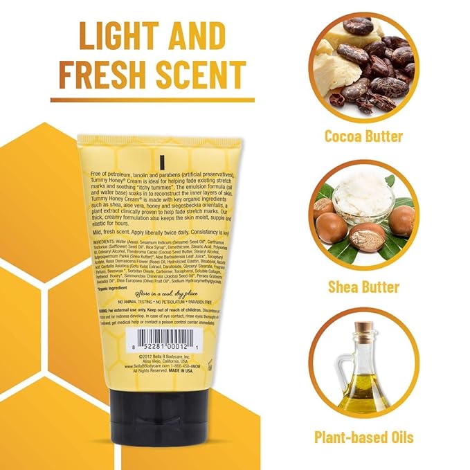 BELLA B NATURALS Tummy Honey Cream 4oz - Bella B Tummy Cream For Fading Stretch Marks - Pregnancy Cream To Prevent Stretch Marks - Stretch Marks Cream For Pregnancy - Pregnancy Stretch Mark Prevention-Velvo Beauty