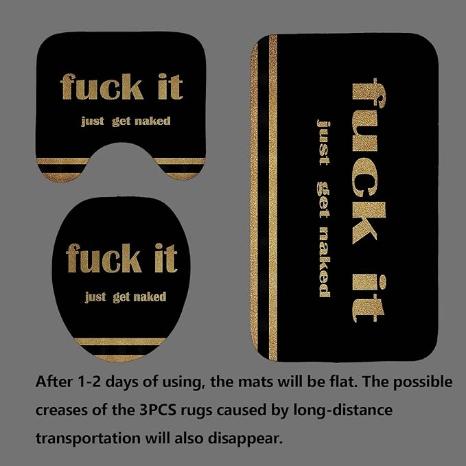 4PCS Gold Glitter Get Naked Shower Curtain Set, Funny Quote Stripe Luxury Glam Modern Dorm Bathroom Decor, Waterproof Fabric Black Shower Curtain, Non-Slip Bath Mat Toilet Rug, Just Get Naked-Velvo Beauty