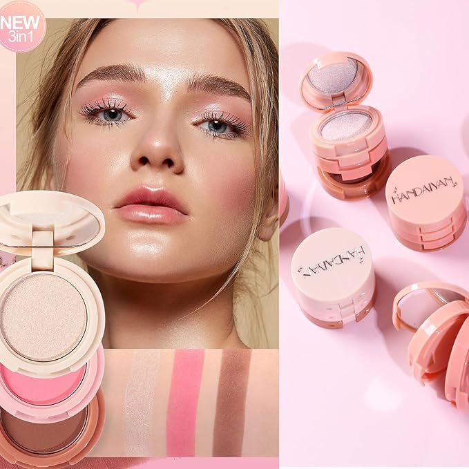 3-in-1 Blendable Trio, Contour and Highlight Blush Makeup Palette, Cream Bronzer, Silky Smooth Powder Blush, Shimmer Highlighter Makeup Powder, Pink Brown Eyeshadow Palette with Mirror(01)-Velvo Beauty