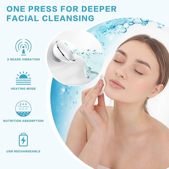 Facial Cleansing Brush, 2 in 1 Vibration & Heating Face Scrubber for Cleansing & Exfoliating Waterproof, Suitable for Sensitive & Acne-Prone Skin, 5 Speed for Deep Facial Cleansing-Velvo Beauty