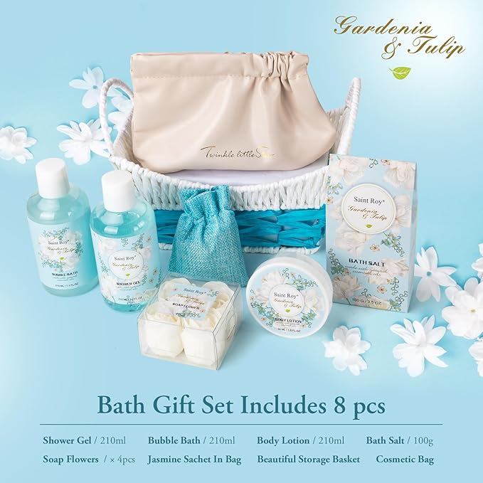 Mother's Day Gift for Mom Spa Gift Baskets for Women, Gardenia Tulip Home Spa Kit with Cosmetic Bag gift woman. Bath & Body Basket Set 8Pcs Bath and Body Gifts Set, Luxury Gift Basket-Velvo Beauty