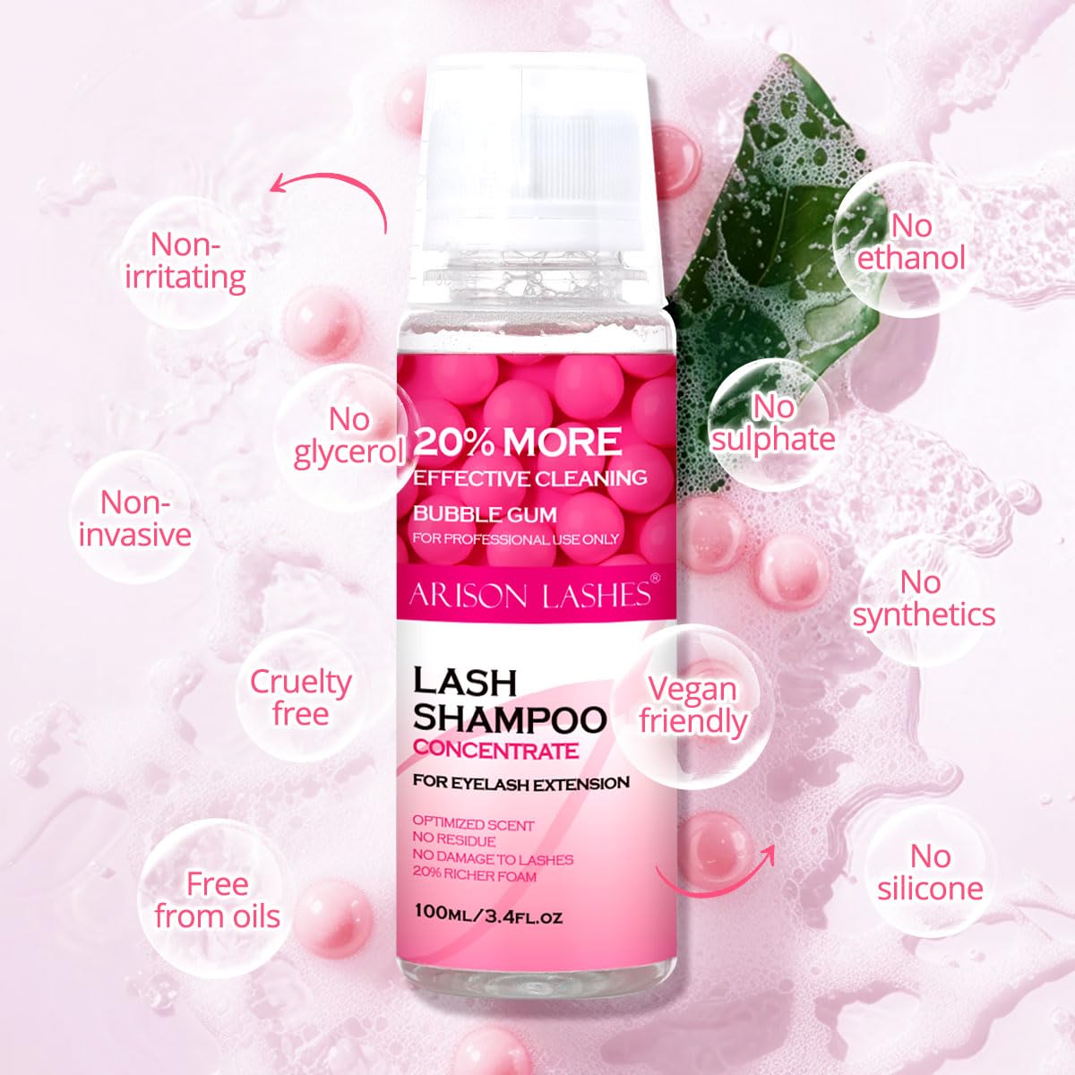ARISON LASHES Lash Shampoo Concentrate for Lash Extensions 100ML Eyelash Cleanser Concentrate Oil-Free Eyelash Extension Shampoo with Salon Home Care(Bubble gum)-Velvo Beauty