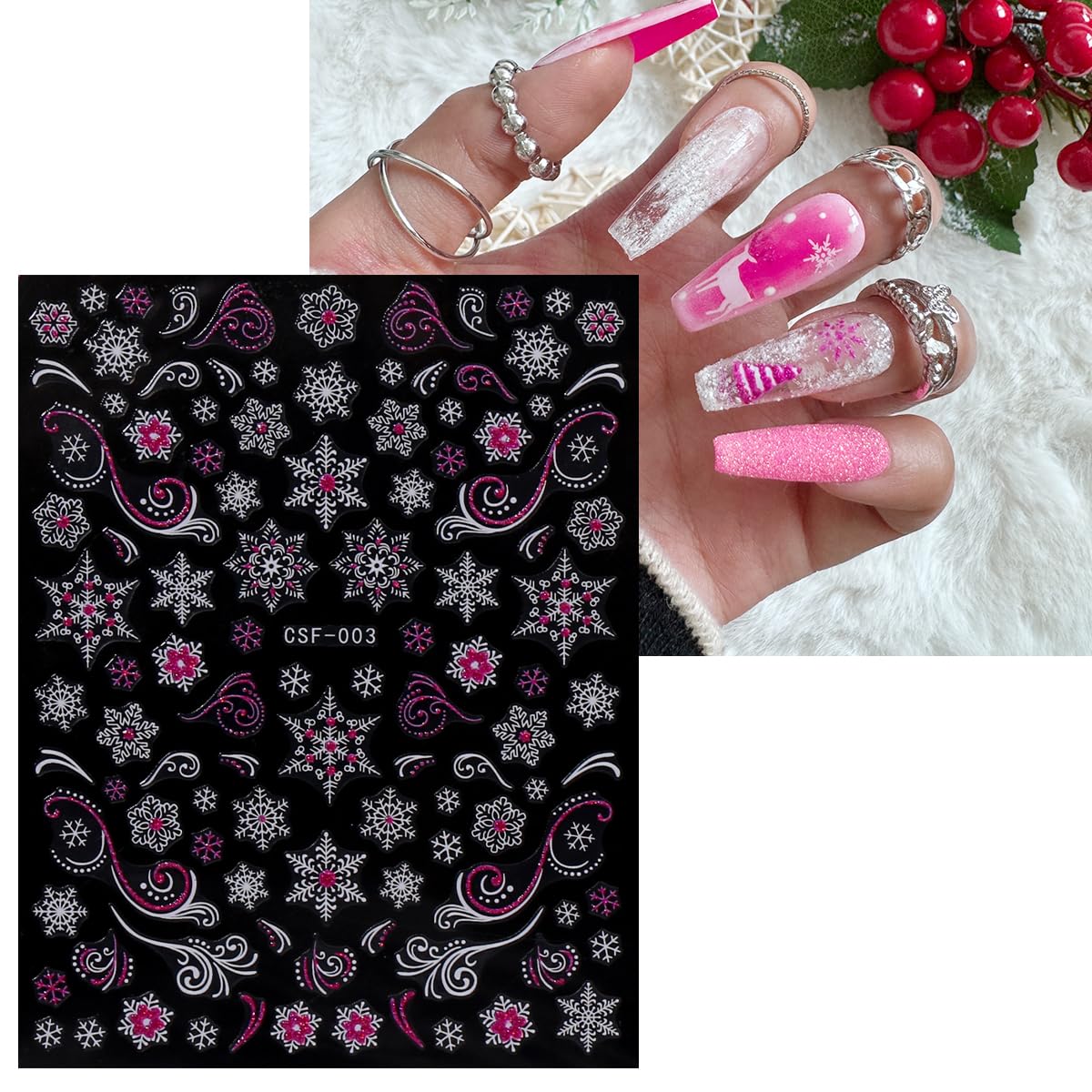 JMEOWIO 9 Sheets Christmas Pink Glitter Nail Art Stickers Decals Self-Adhesive Snowflake Winter Holiday Nail Supplies Nail Art Design Decoration Accessories-Velvo Beauty