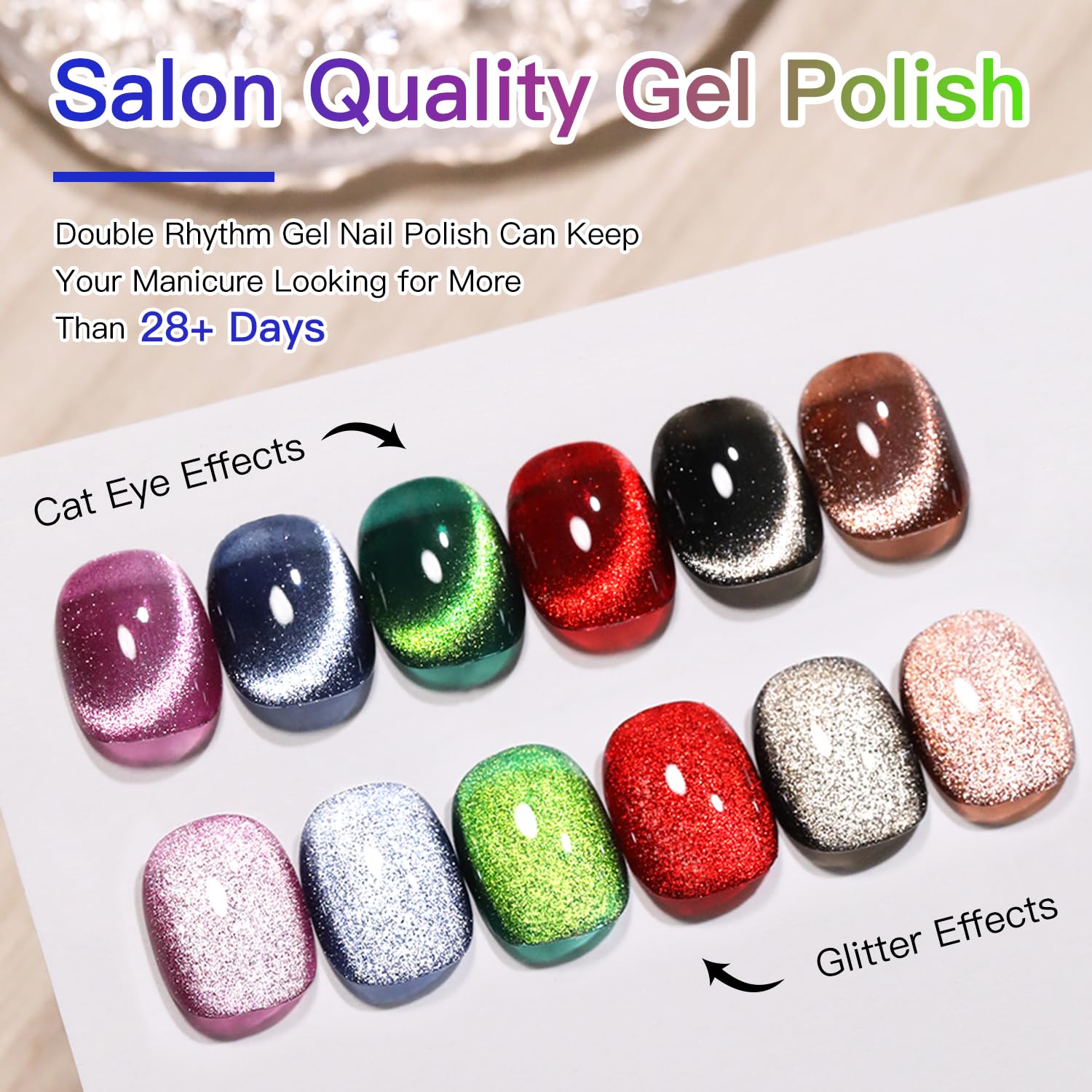 Double Rhythm 6 Colors Cat Eye Gel Polish Set Shimmer Glitter with Magnet Holographic Reflective Magnetic UV Nail Art Kit (6-Kit 26)-Velvo Beauty