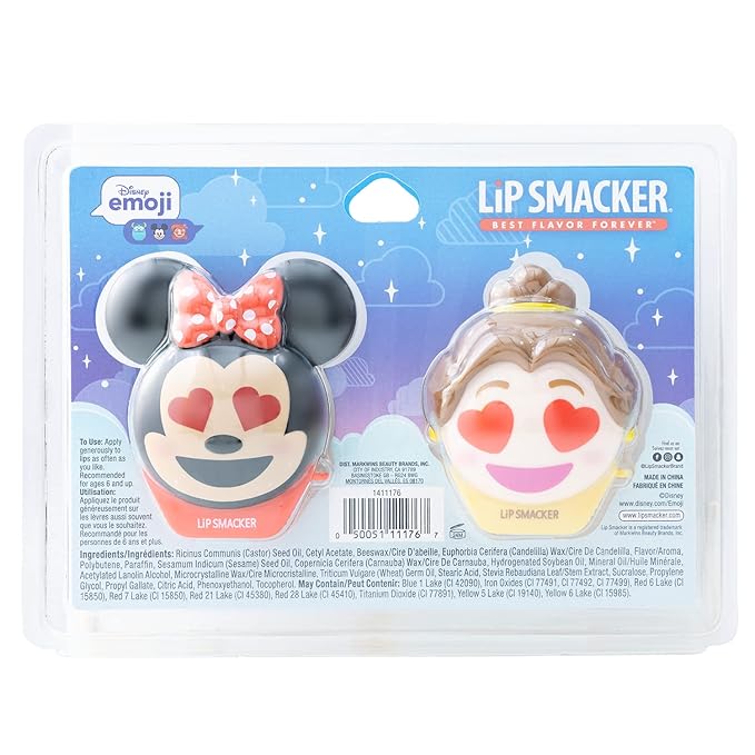 Lip Smacker Disney Minnie Mouse and Beauty And The Beast Belle Emoji Lip Balm Duo, Flavored Strawberry Lemonade, Bow-nade, 2 Pack-Velvo Beauty