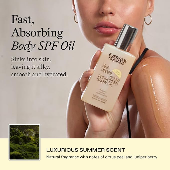 Everyday Humans Sun Glazed SPF30 Sheer Body Glow Oil with Gold Mica | Hydrating Non-Sticky Glowing UV Protection Cruelty Free 5.1 Fl Oz | Bergamot, Squalane, Jojoba Seed Oil | UVA/UVB Broad Spectrum-Velvo Beauty