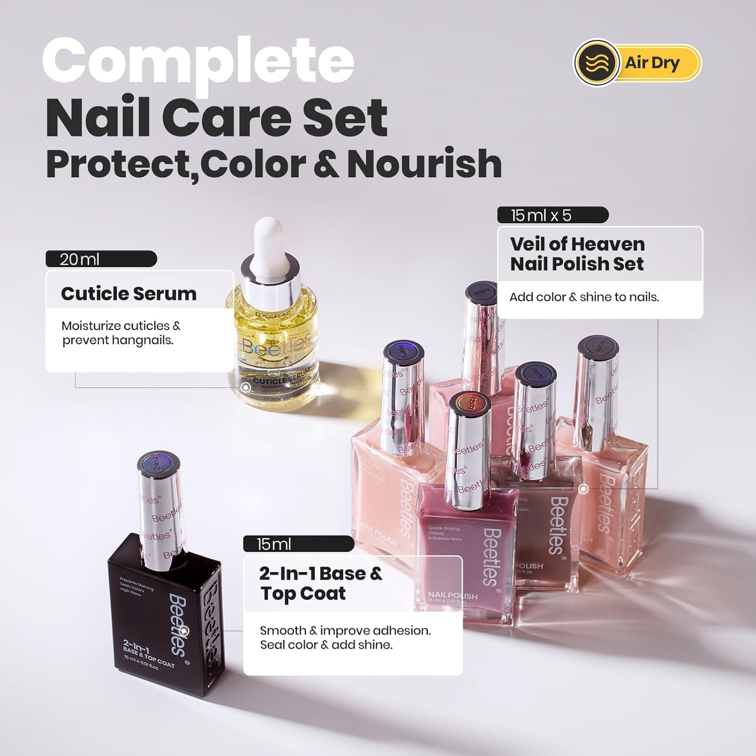 Beetles Pink Nail Polish Set, 5 Colors Nude Pink Jelly Collection Quick Dry Long Lasting Nail Polish Base & Top Coat and Cuticle Serum Kit Spring DIY Care for Nail Home Gift Sets For Women-Velvo Beauty