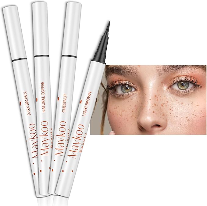 4 Colors Freckle Pen Set, Natural Lifelike Face Fake Freckle Stamp Makeup Pen Waterproof Long Lasting Quick Dry Faux Freckles Sun-kissed Makeup-Light Brown,Natural Coffee,Chestnut,Dark Brown-Velvo Beauty