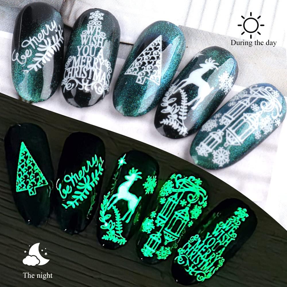 9 Sheets Christmas Glow in The Dark Nail Art Stickers Decals Self-Adhesive Pegatinas Uñas Navidad Winter Holiday Xmas Snowflake Nail Supplies Nail Art Design Decoration Accessories-Velvo Beauty