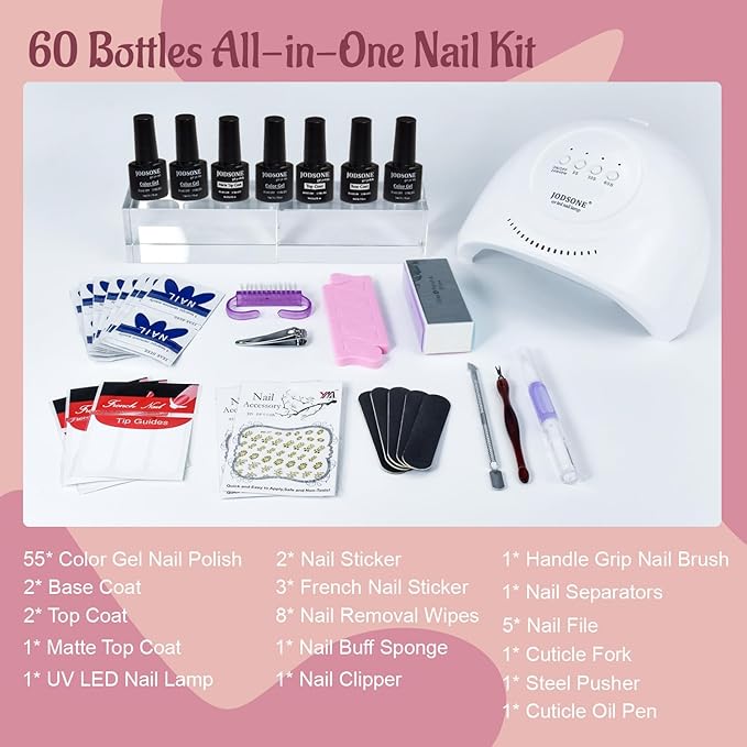 JODSONE Gel Nail Polish Kit 60 PCS with U V Light Soak off Base Top Coat 55 Shine Colors Gel Nail Kit Bright and Dark Brown Wine Red Series Manicure Set for Women and Girls-Velvo Beauty