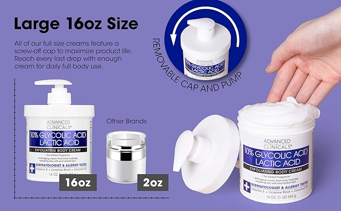 Advanced Clinicals 10% Glycolic Acid + Lactic Acid Lotion Exfoliant Moisturizing Cream With Hyaluronic Acid Moisturizer | AHA Exfoliating Body Cream Improves Look Of Uneven Rough Skin Texture, 2-Pack-Velvo Beauty