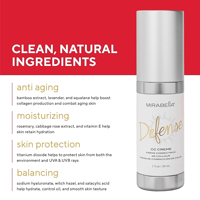 Mirabella Defense CC Creme Full Coverage Foundation with SPF 20, CC Cream Foundation with Sunscreen & Hyaluronic Acid, Oil Control with Salicylic Acid - Dark-Velvo Beauty