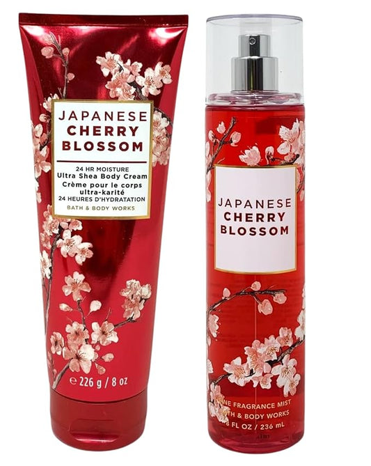 Bath & Body Works Fine Fragrance Mist & Ultra Shea Body Cream Japanese Cherry Blossom 2 Piece Set Full Size 8oz.-Velvo Beauty