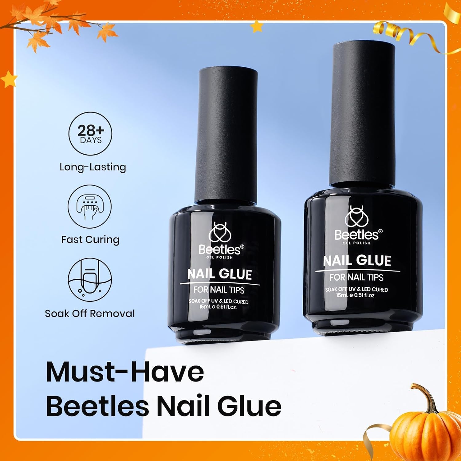 beetles Gel Polish 9 In 1 Gel Nail Glue for Clear Acrylic Nail Tips 2 Pcs 15ml Long Lasting Nail Gel Kit for False Nails Tips, Base Blooming Nail Gel, Fall Halloween Nails, U V Light Required-Velvo Beauty