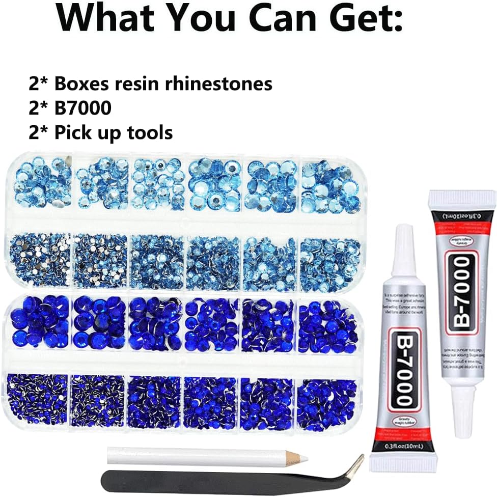Light and Dark Blue Rhinestones with Glue(S8-S30) for Bedazzling,2mm-6mm Non-Hotfix Flatback Nail Gems Beads Baby and Navy Blue Gems Diamonds Kit, Nail Gems Beads for Bedazzling Crafts, DIY Art-Velvo Beauty