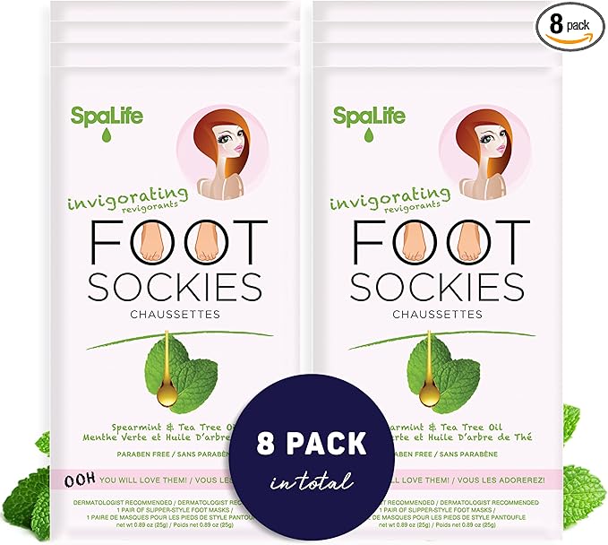 SpaLife Softening Care Foot Sockies (8-Pack) - Spearmint & Tea Tree Oil, Exfoliating Pack for Healthy Feet, Intensive Repair, Callus Remover Sockies, Dry Skin Solution, Moisturizing Foot Treatment-Velvo Beauty