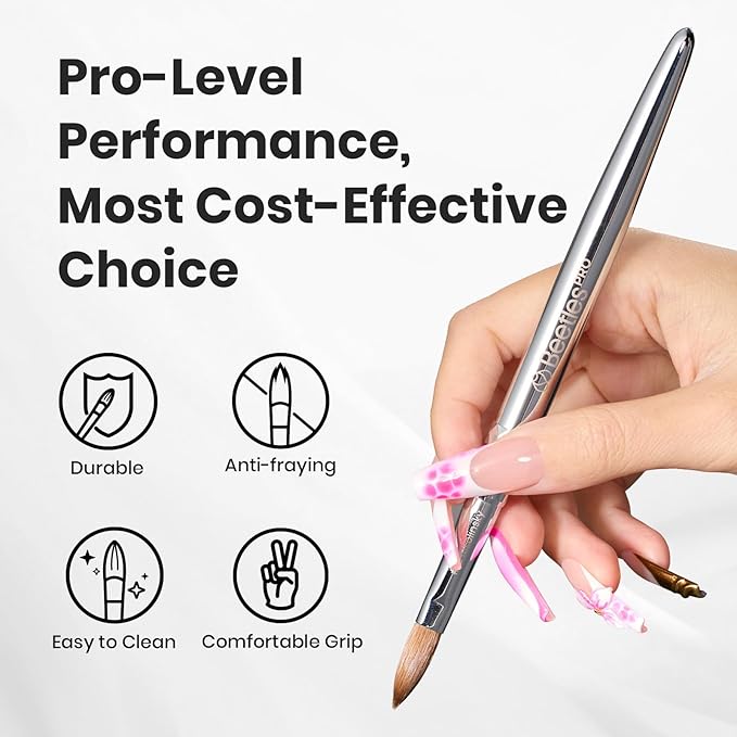 Beetles Kolinsky Acrylic Nail Brush Pure Kolinsky Hair Bristles Round Shaped Metal Handle Nail Art Brushes for Manicure Extension Acrylic Powder Professional Salon Manicure Tool - Size 12-Velvo Beauty