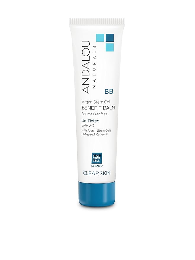 Andalou Naturals CLEAR SKIN Argan Stem Cell BB Benefit Balm, Un-Tinted SPF 30, 2-in-1 BB Cream & Face Sunscreen with Broad Spectrum Protection, Mineral Sunscreen for Oily Skin, 2 Fl Oz-Velvo Beauty